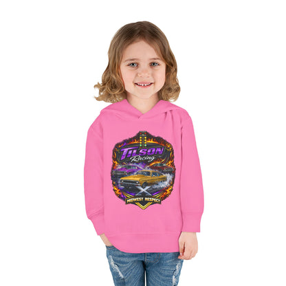 Child wearing a pink hoodie with a racing graphic on a white background