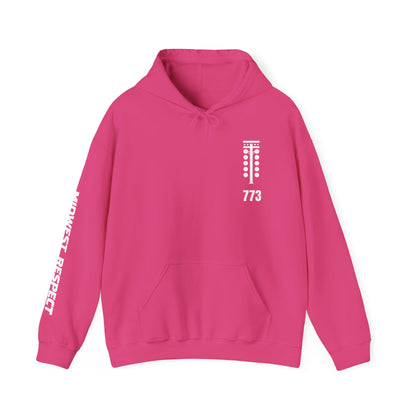 Pink hoodie with white text and graphics on a white background