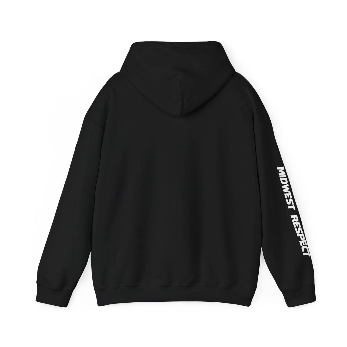 Black hoodie with white text on sleeve on a white background