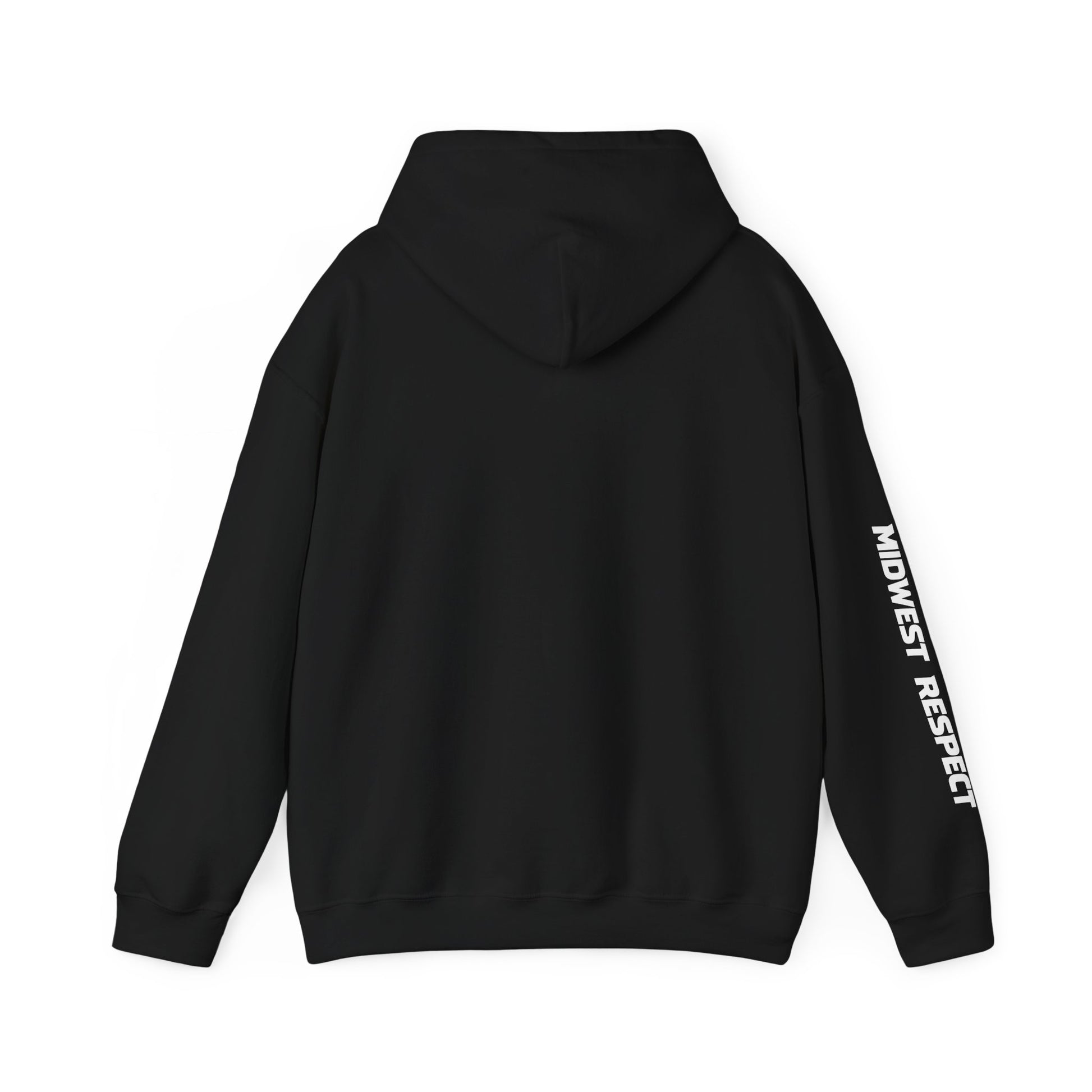 Black hoodie with white text on sleeve on a white background