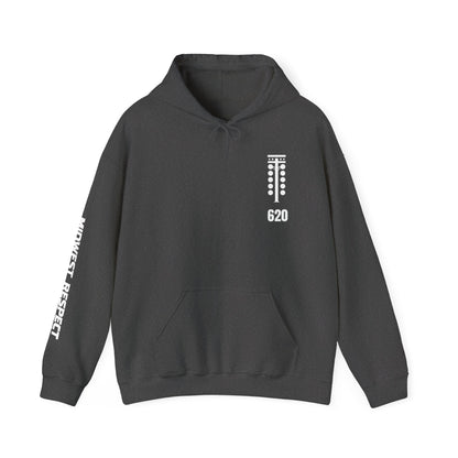 Dark gray hoodie with white text and design on a white background