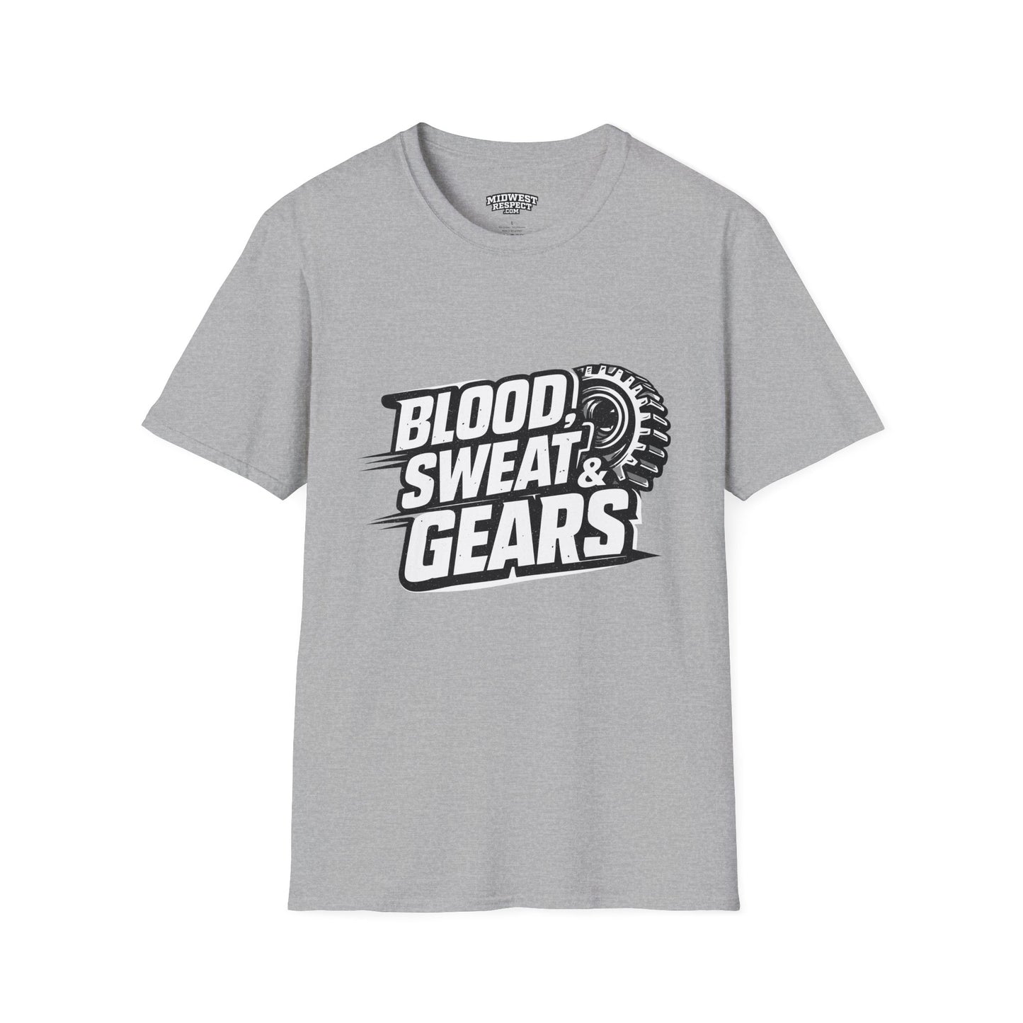 Gray t-shirt with 'Blood Sweat & Gears' graphic on a white background