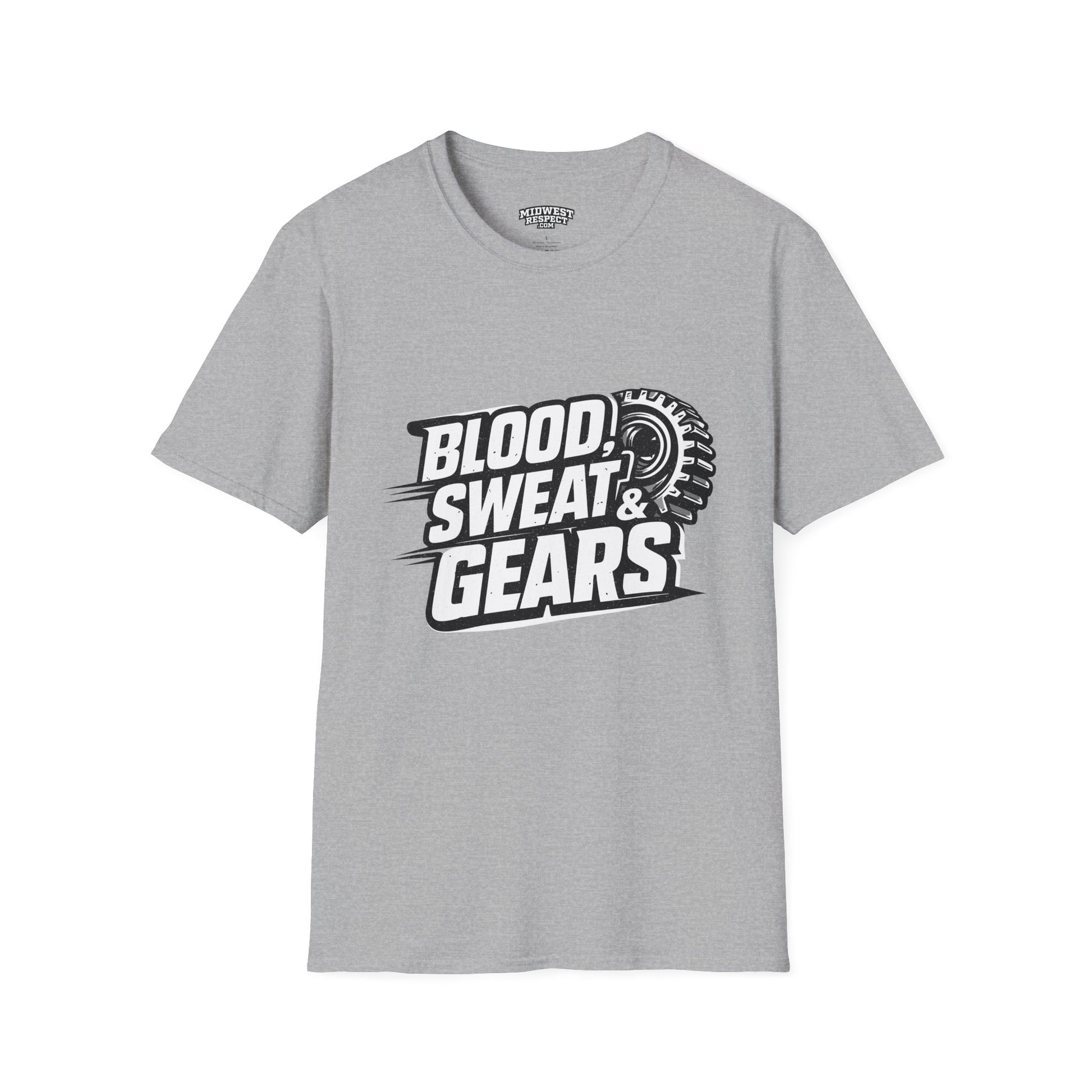 Gray t-shirt with 'Blood Sweat & Gears' graphic on a white background