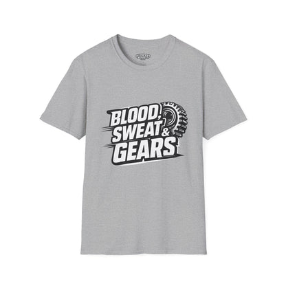 Gray t-shirt with 'Blood Sweat & Gears' graphic on a white background