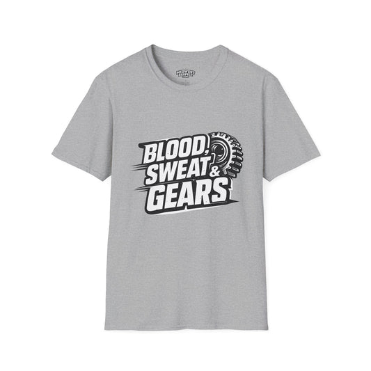 Gray t-shirt with 'Blood Sweat & Gears' graphic on a white background