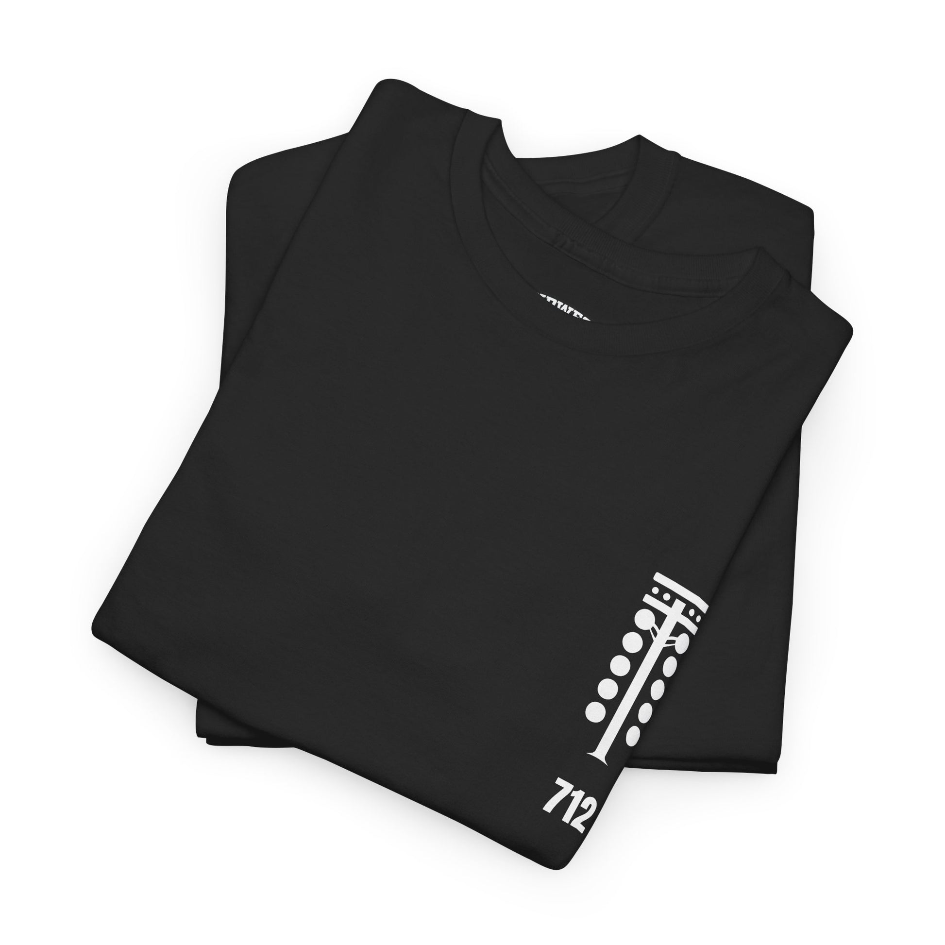Folded black t-shirt with a white graphic design on a white background