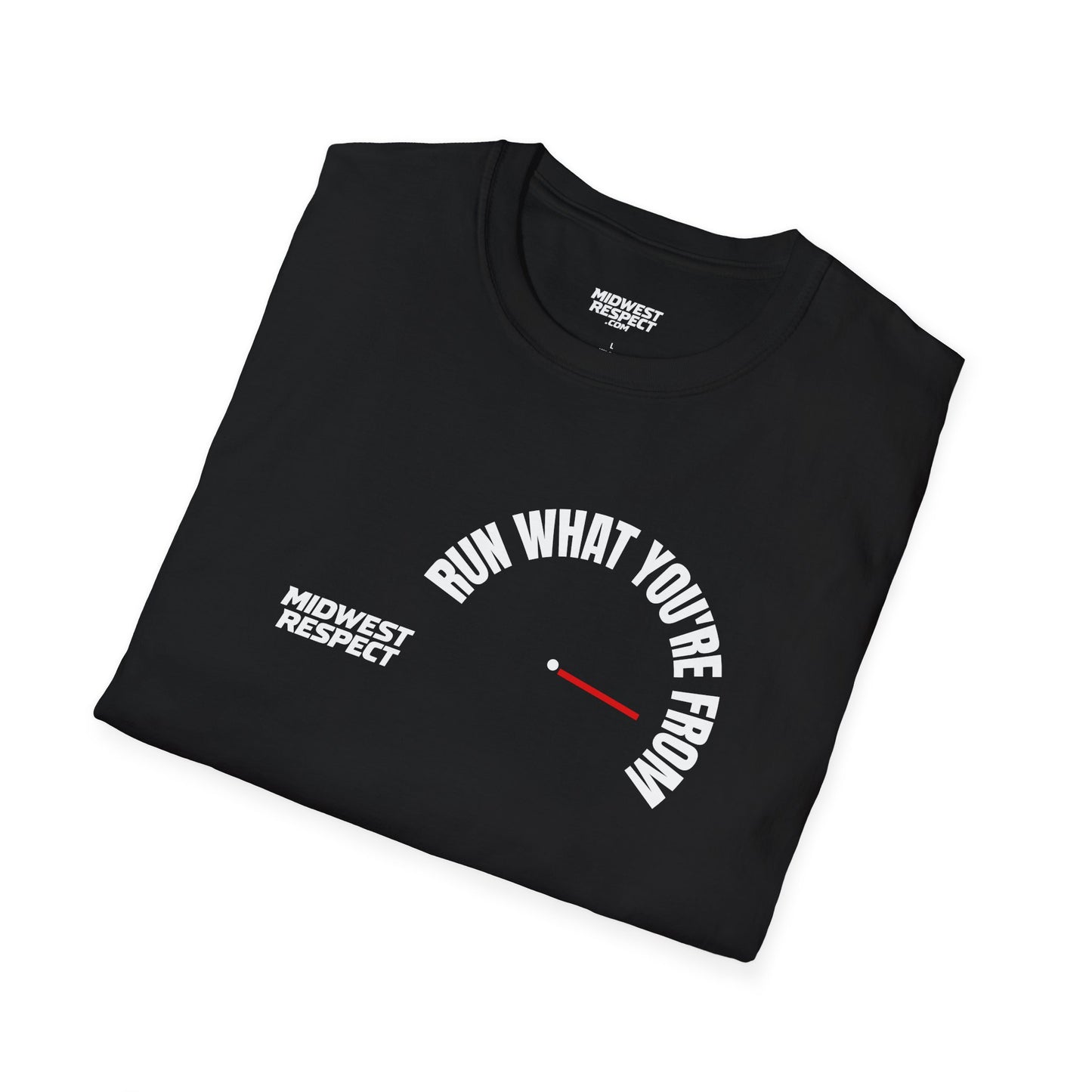 Black t-shirt with text design on a white background
