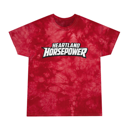 Red tie-dye t-shirt with 'Heartland Horsepower' logo on a white background