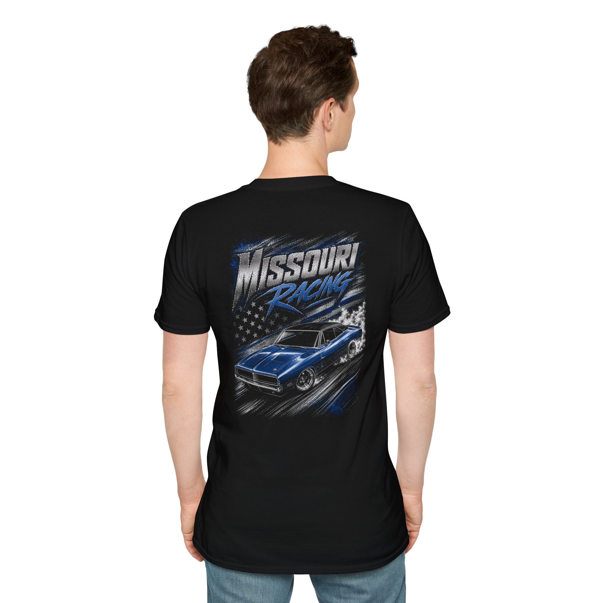 A man viewed from the back wearing a black t-shirt with a large 'Missouri Racing' graphic featuring a blue muscle car and an American flag design.