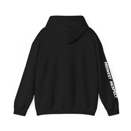 Black hoodie with 'Midwest Respect' text on sleeve against a white background
