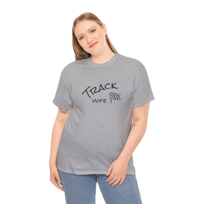 Woman wearing a gray t-shirt with a graphic design on a white background