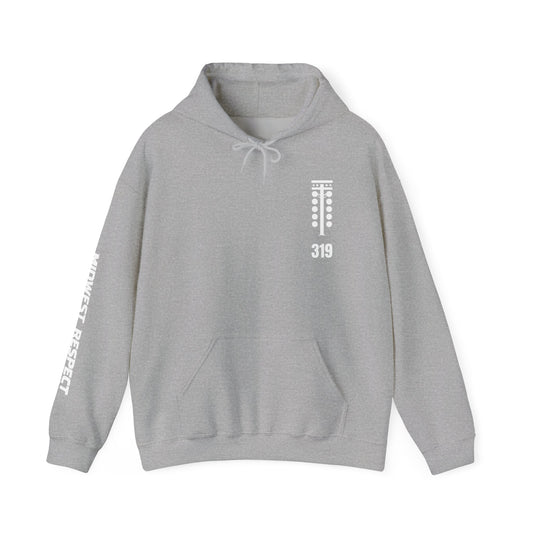 Gray hoodie with white text and numbers on a white background