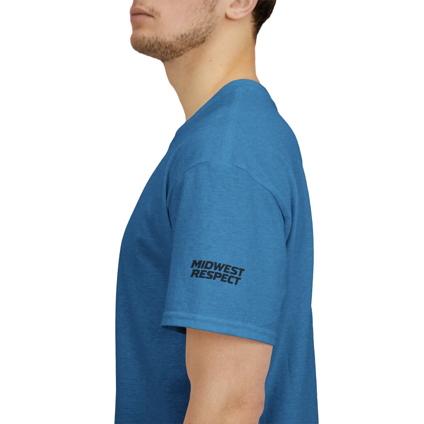 Person wearing a blue t-shirt with 'Midwest Respect' text on a white background