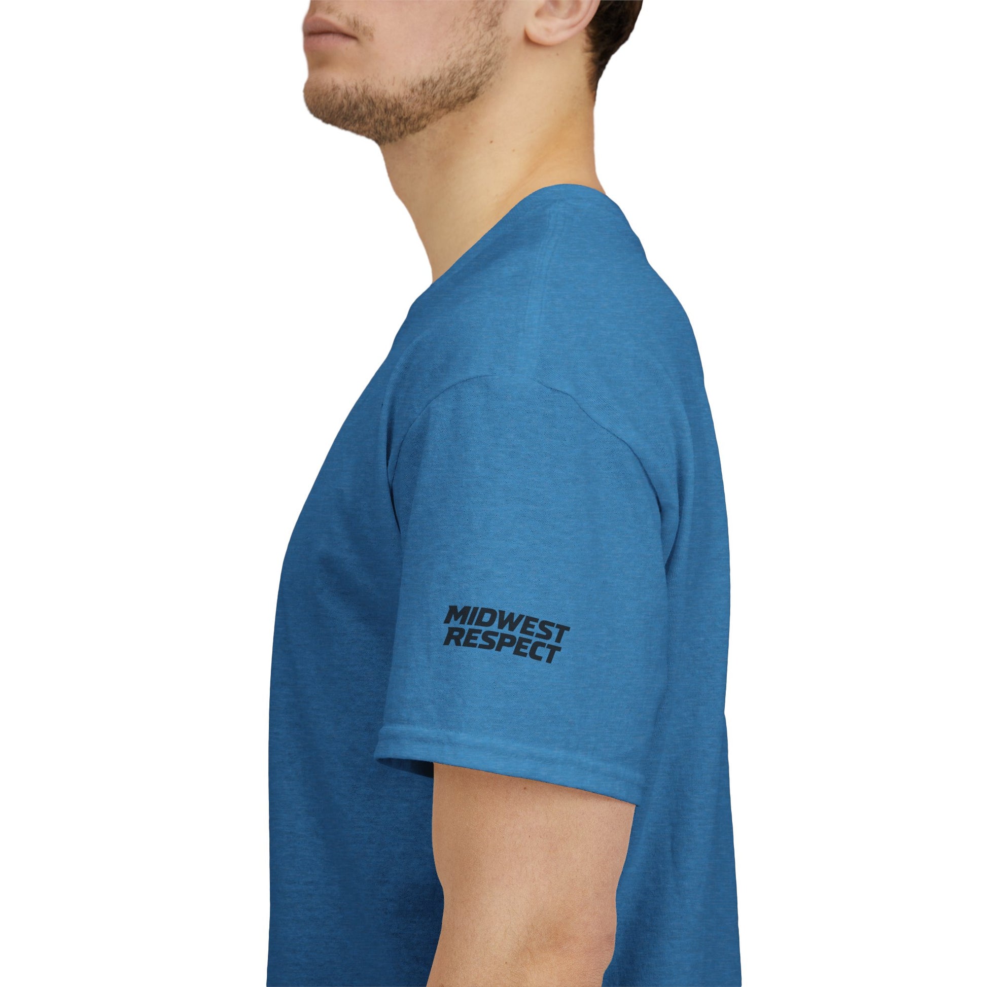 Person wearing a blue t-shirt with 'Midwest Respect' text on a white background