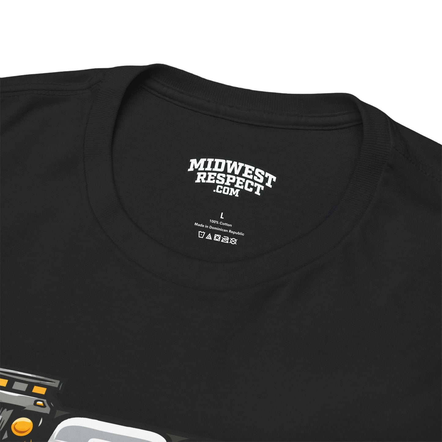 Black t-shirt with 'Midwest Respect' logo on a white background
