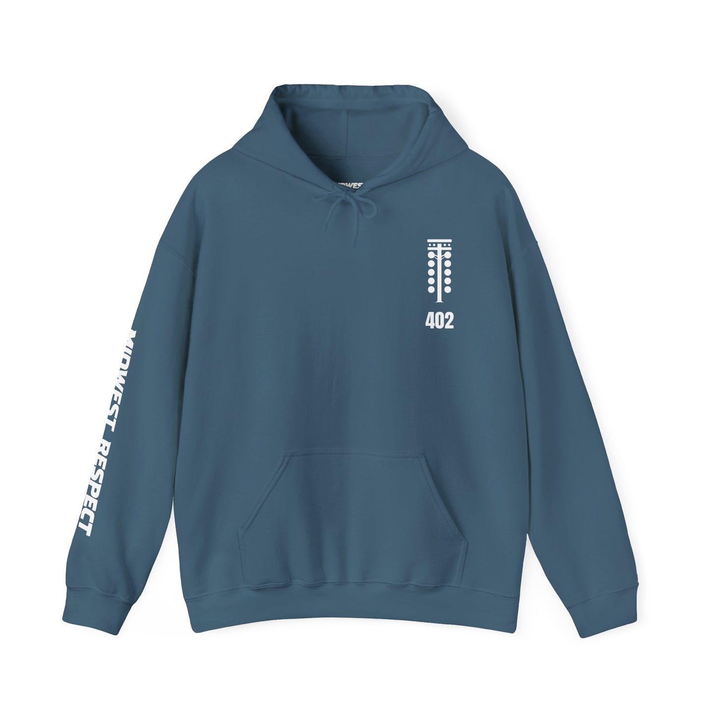 Blue hoodie with white text on a white background