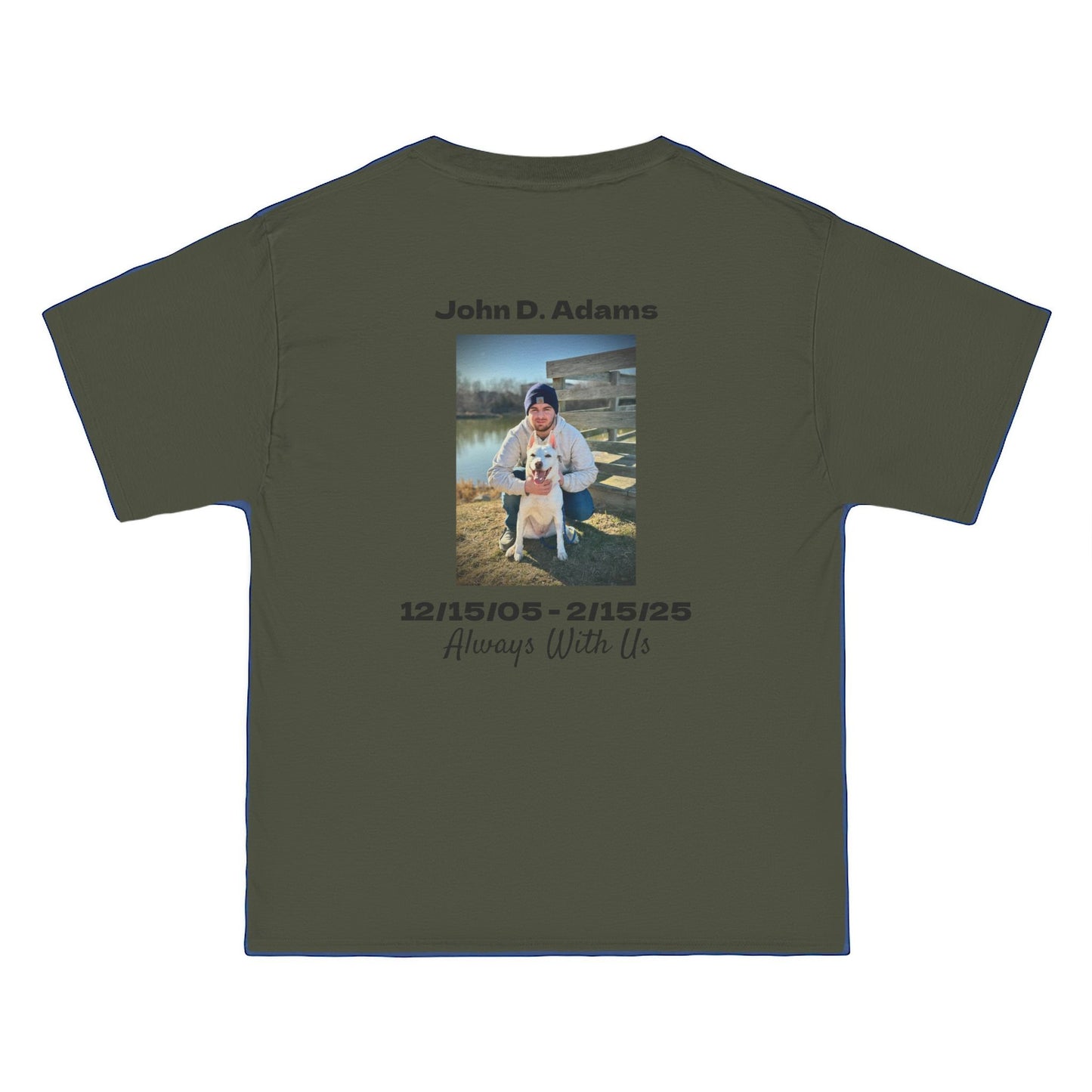 Green t-shirt with a photo and text on the back, displayed on a white background