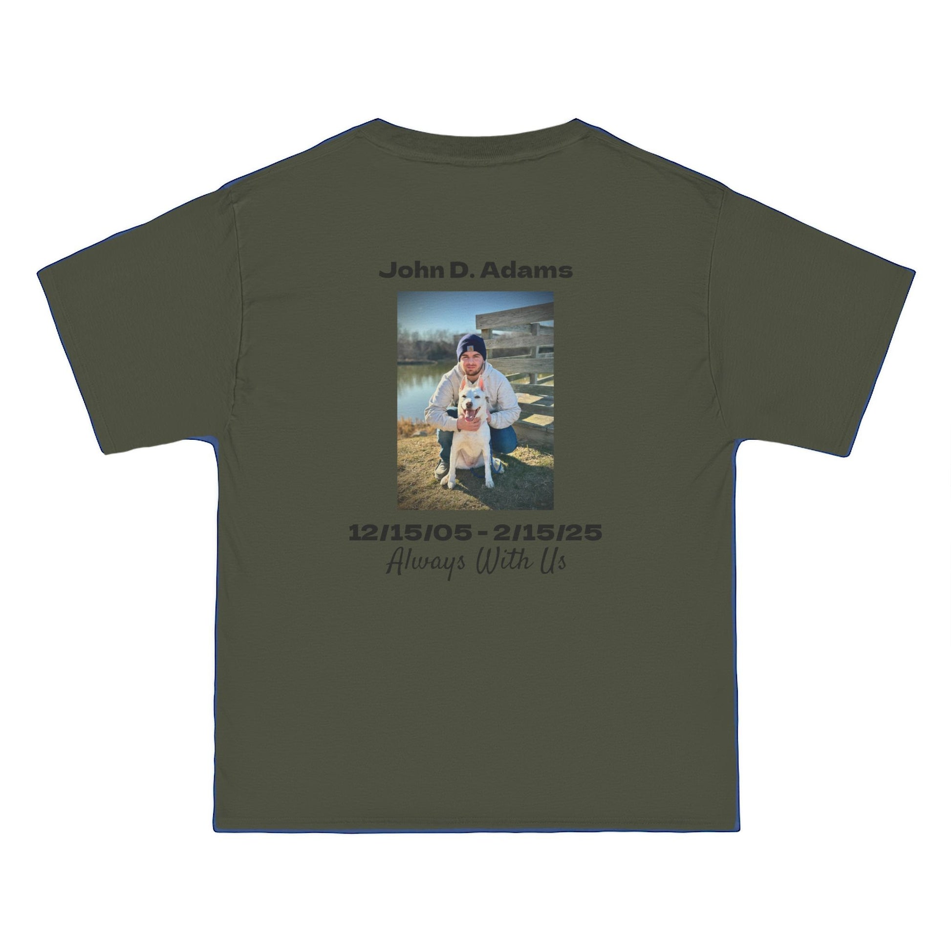 Green t-shirt with a photo and text on the back, displayed on a white background