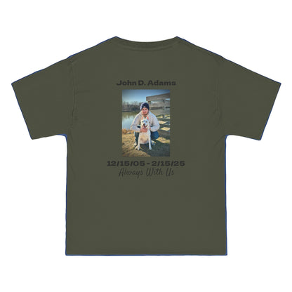 Green t-shirt with a photo and text on the back, displayed on a white background