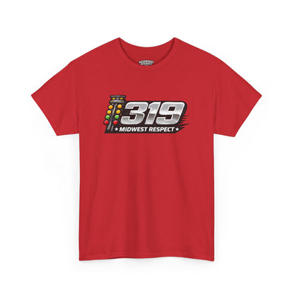 Red t-shirt with '319 Midwest Respect' graphic on a white background