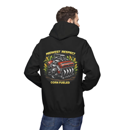 Black hoodie with a graphic of a engine and text on the back, worn by a person.
