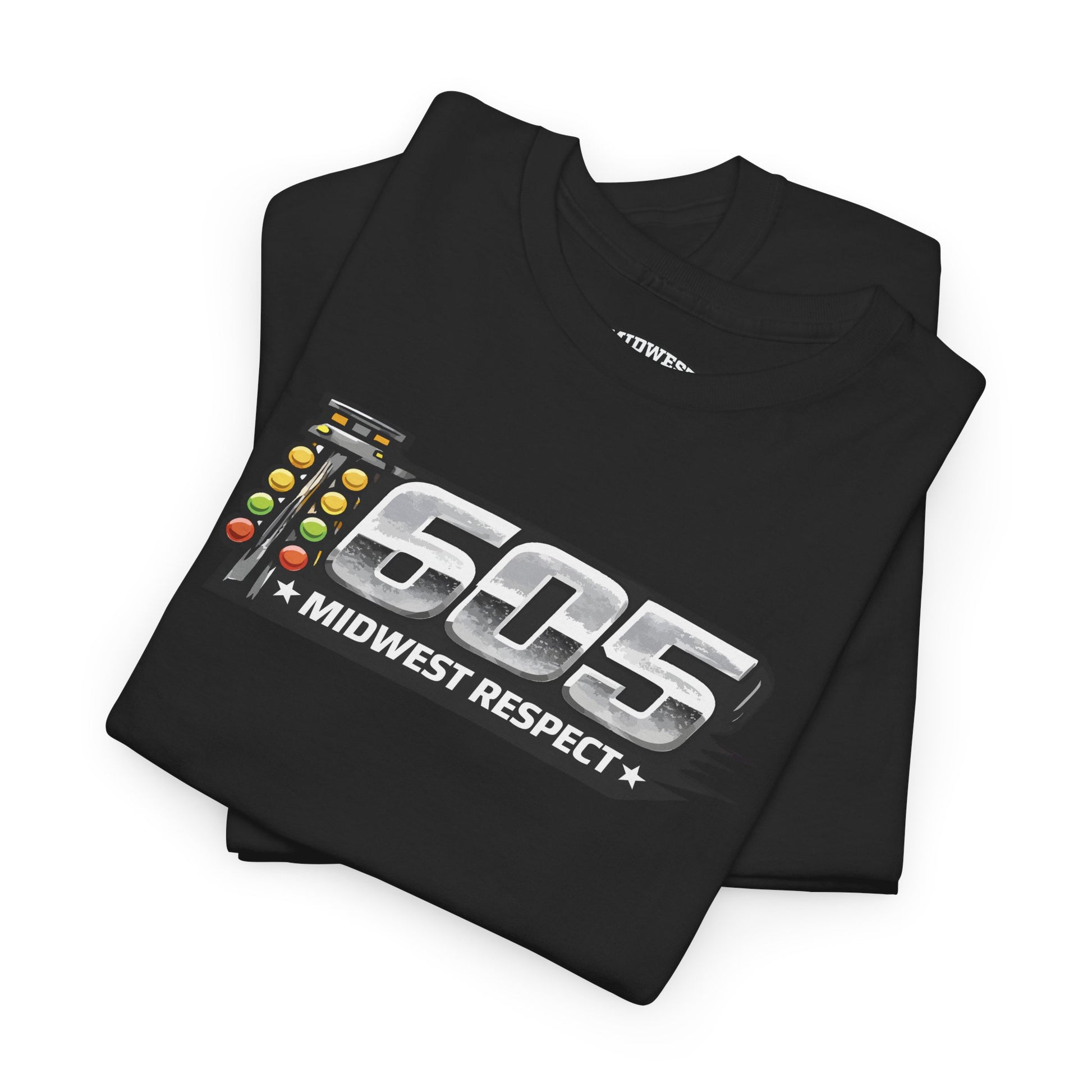 Black t-shirt with '605 Midwest Respect' design on a white background