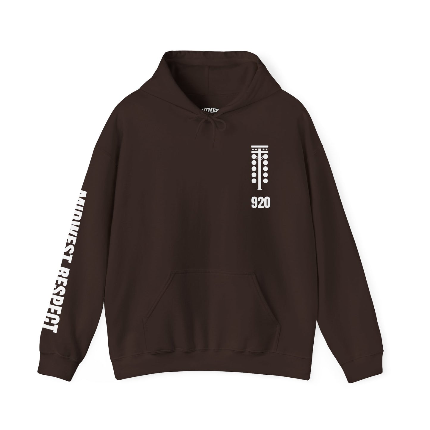 Brown hoodie with white text and graphics on a white background
