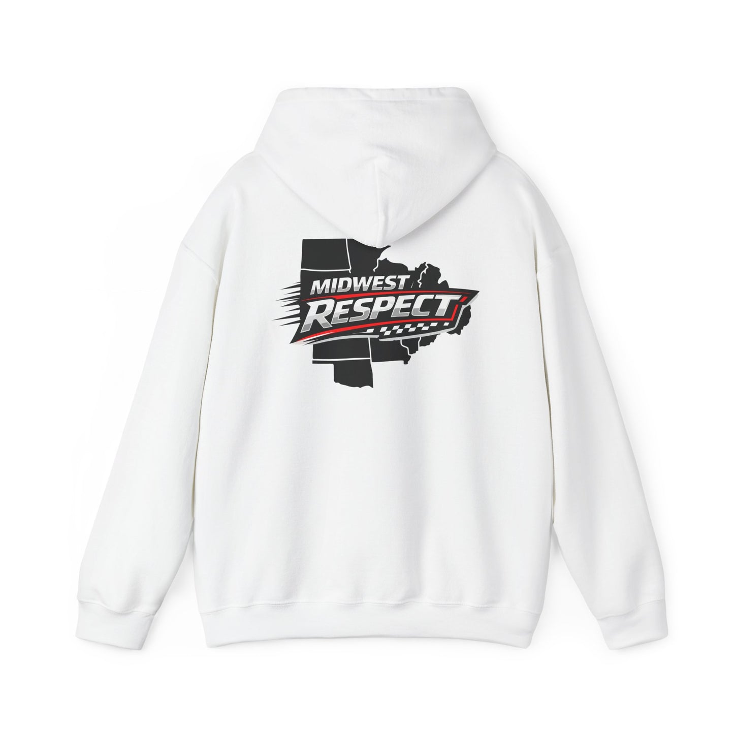 White hoodie with 'Midwest Respect' graphic on the back against a white background
