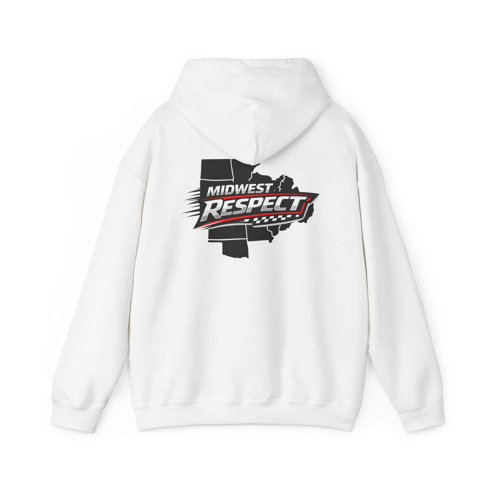 White hoodie with 'Midwest Respect' graphic on the back against a white background