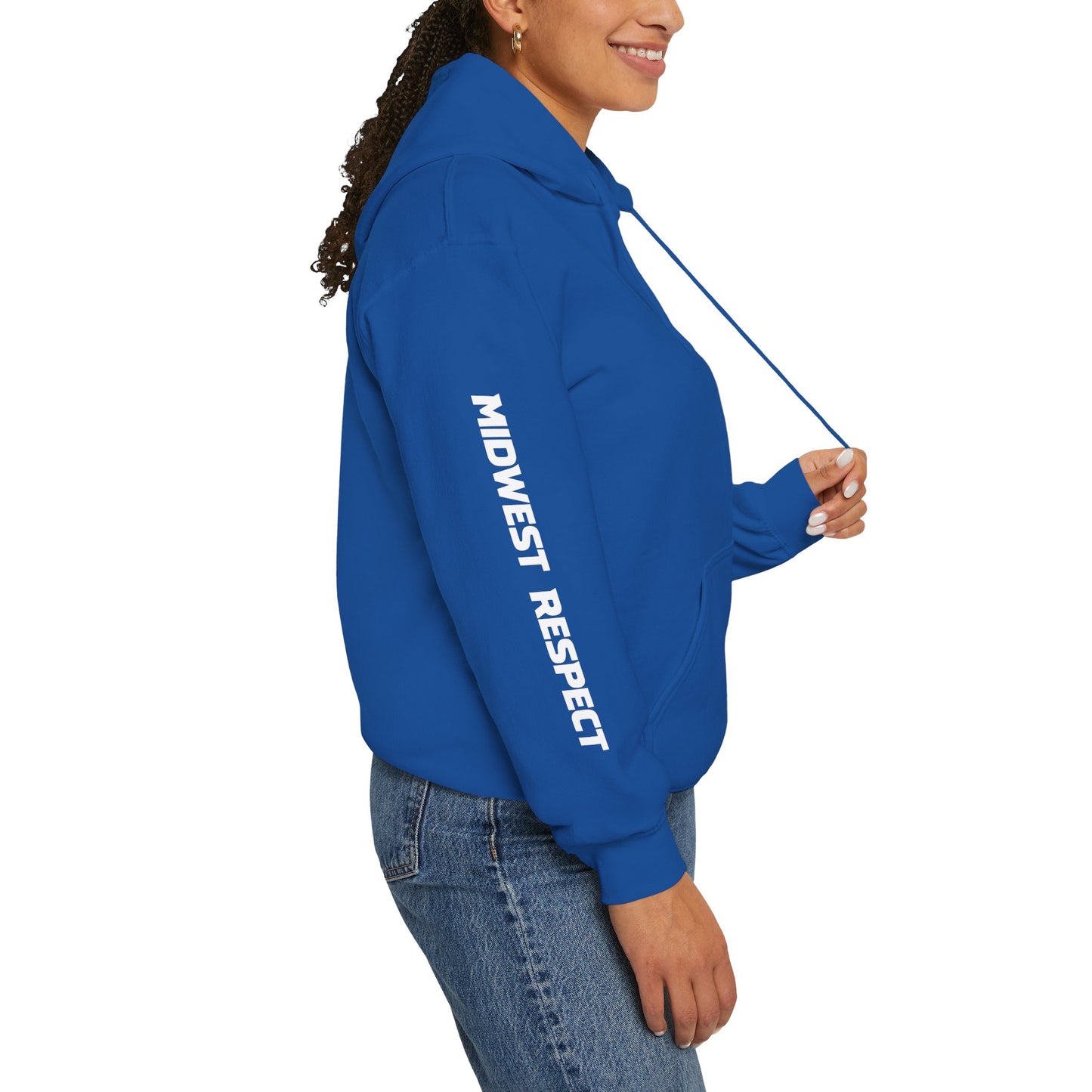 Person wearing a blue hoodie with 'Midwest Respect' text on a white background