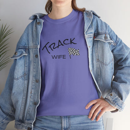 Person wearing a purple t-shirt with 'TRACK WIFE' text and checkered flag graphic, paired with a denim jacket.