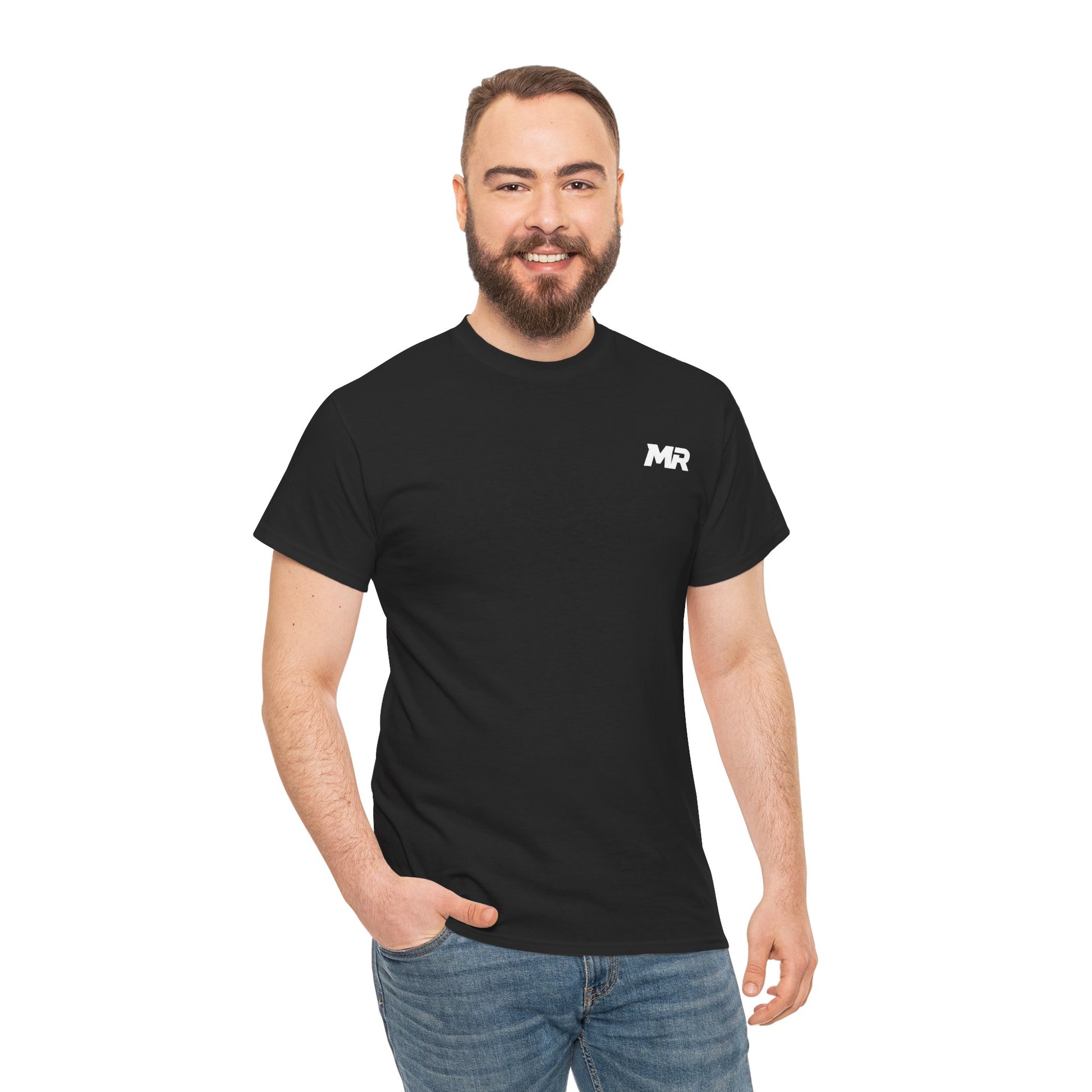 Man wearing a black t-shirt with a logo on a white background