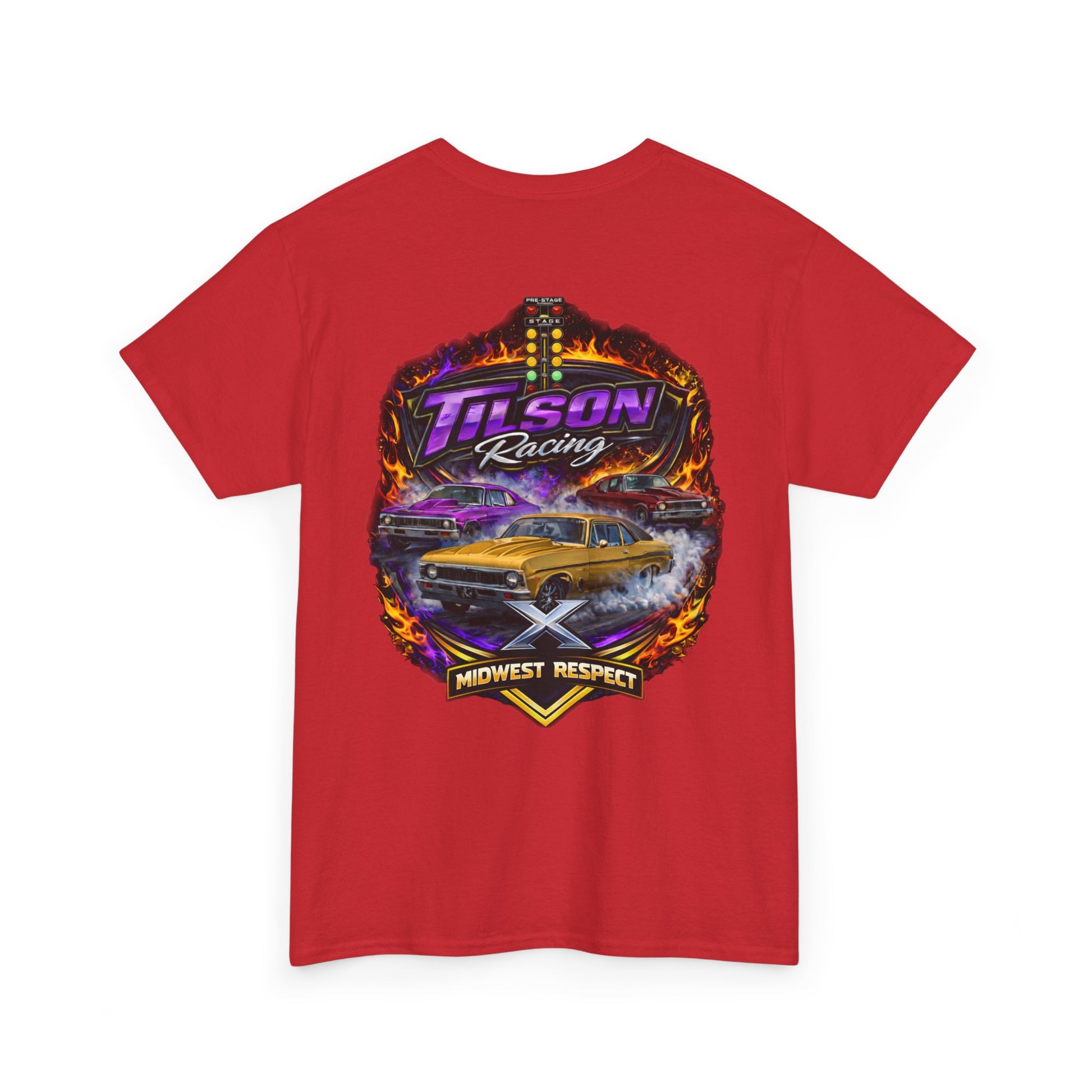 Red t-shirt with a colorful graphic design on the back featuring the text 'Tilson Racing' and 'Midwest Respect'.