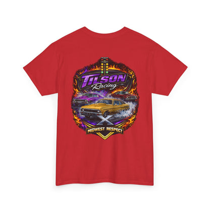 Red t-shirt with a colorful graphic design on the back featuring the text 'Tilson Racing' and 'Midwest Respect'.
