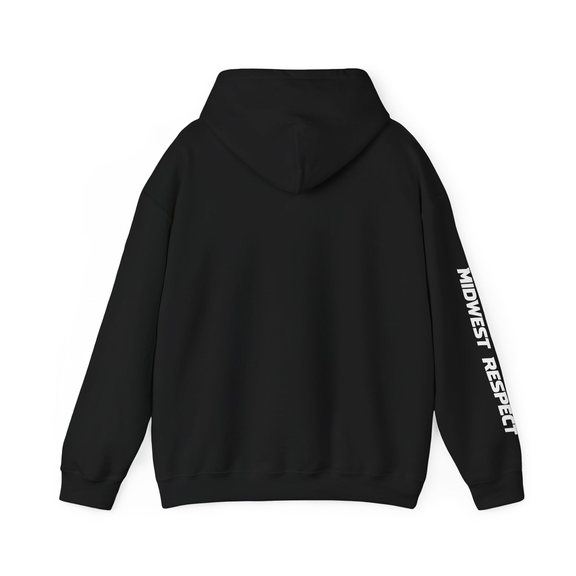 Black hoodie with 'Midwest Respect' text on sleeve against a white background