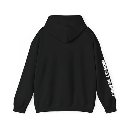 Black hoodie with 'Midwest Respect' text on sleeve against a white background