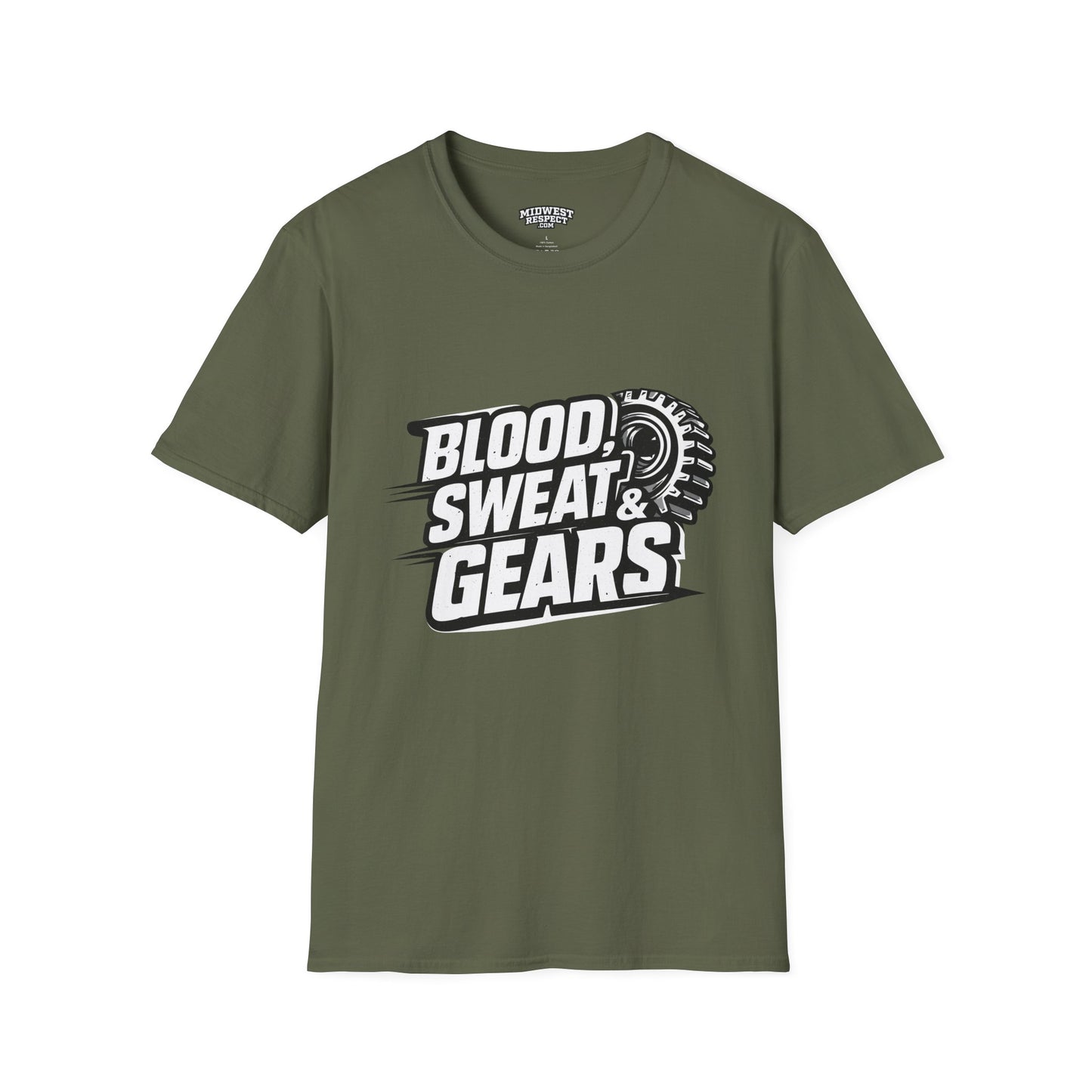 Green t-shirt with 'Blood, Sweat & Gears' text on a white background
