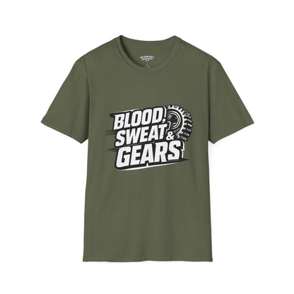 Green t-shirt with 'Blood, Sweat & Gears' text on a white background