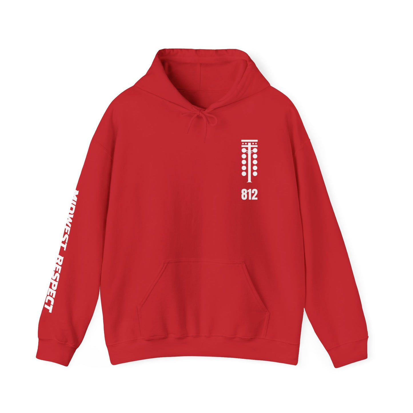 Red hoodie with white text and design on a white background