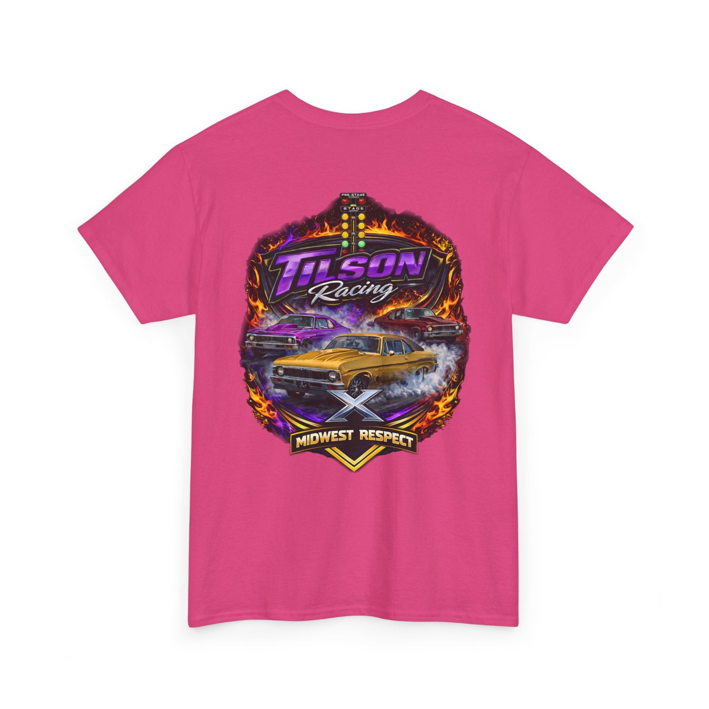 Pink t-shirt with a colorful graphic design on the back featuring the 'Tilson Racing' logo and text.