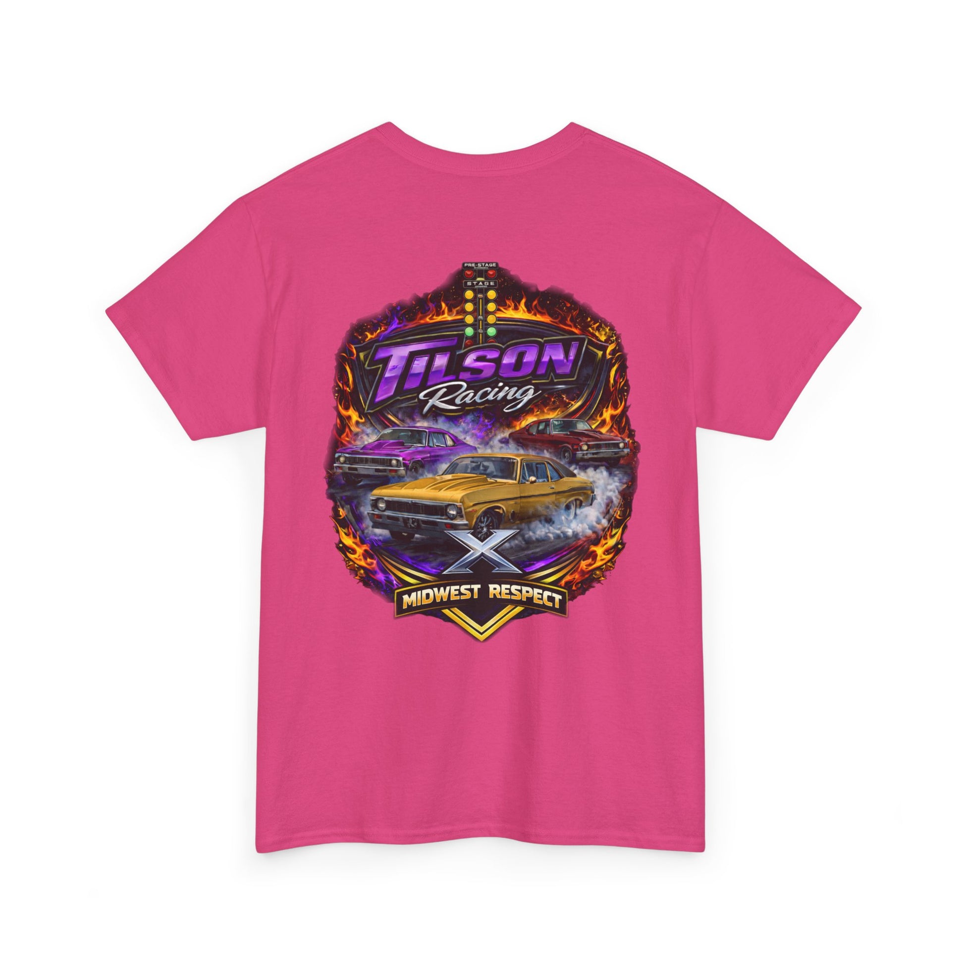 Pink t-shirt with a colorful graphic design on the back featuring the 'Tilson Racing' logo and text.