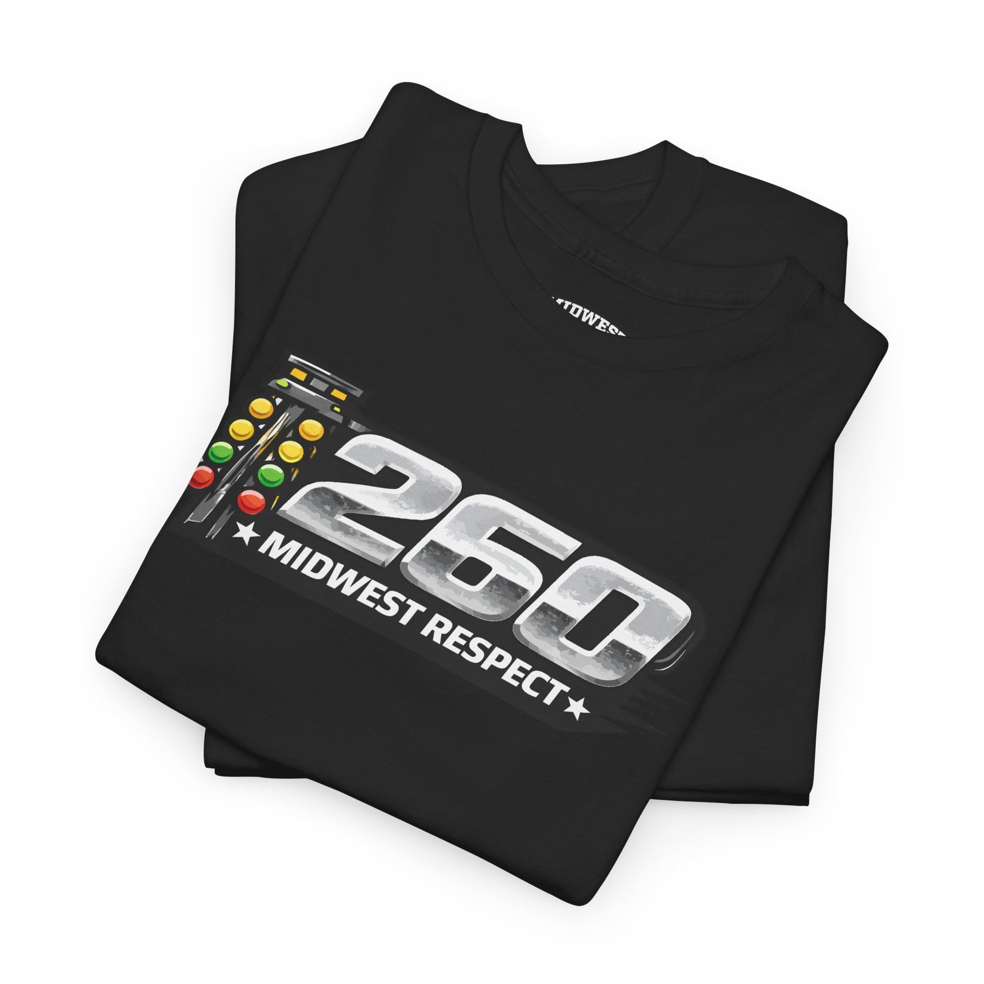Black t-shirt with '260 Midwest Respect' design on a white background
