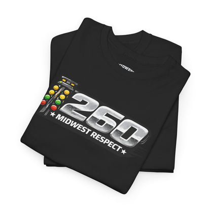 Black t-shirt with '260 Midwest Respect' design on a white background