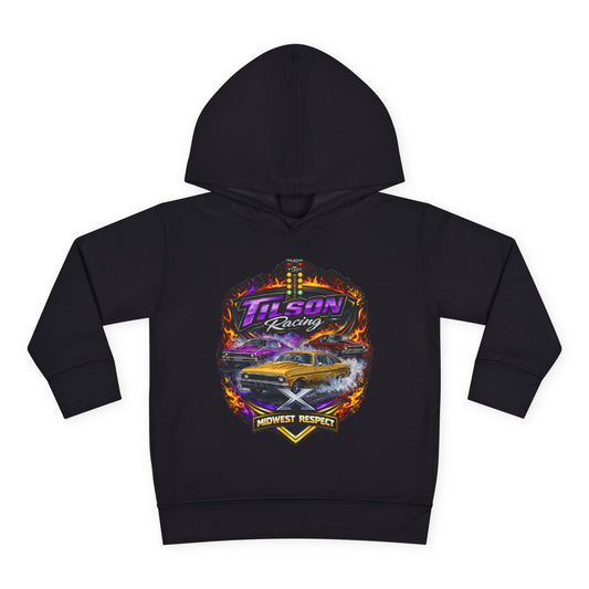 Black hoodie with a colorful graphic design on a white background