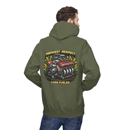 Person wearing a green hoodie with a graphic design on the back, featuring text and an engine illustration.