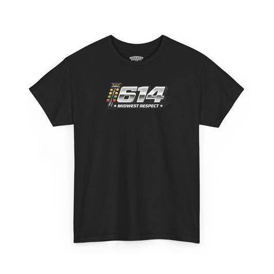 Black t-shirt with '614 Midwest Respect' graphic on a white background
