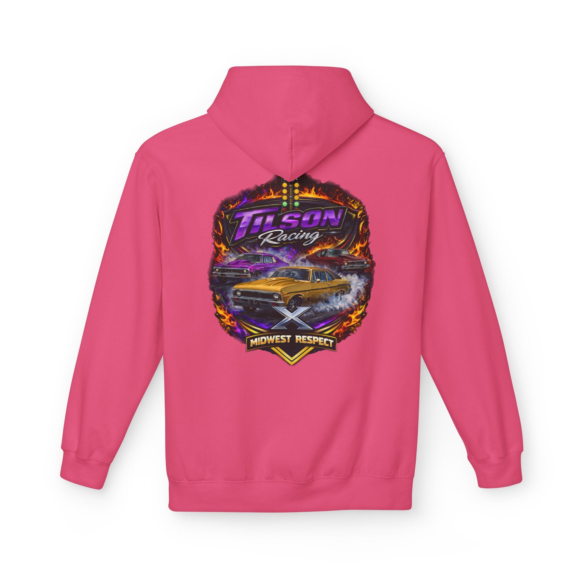 Pink hoodie with a colorful graphic on the back featuring a car and text.