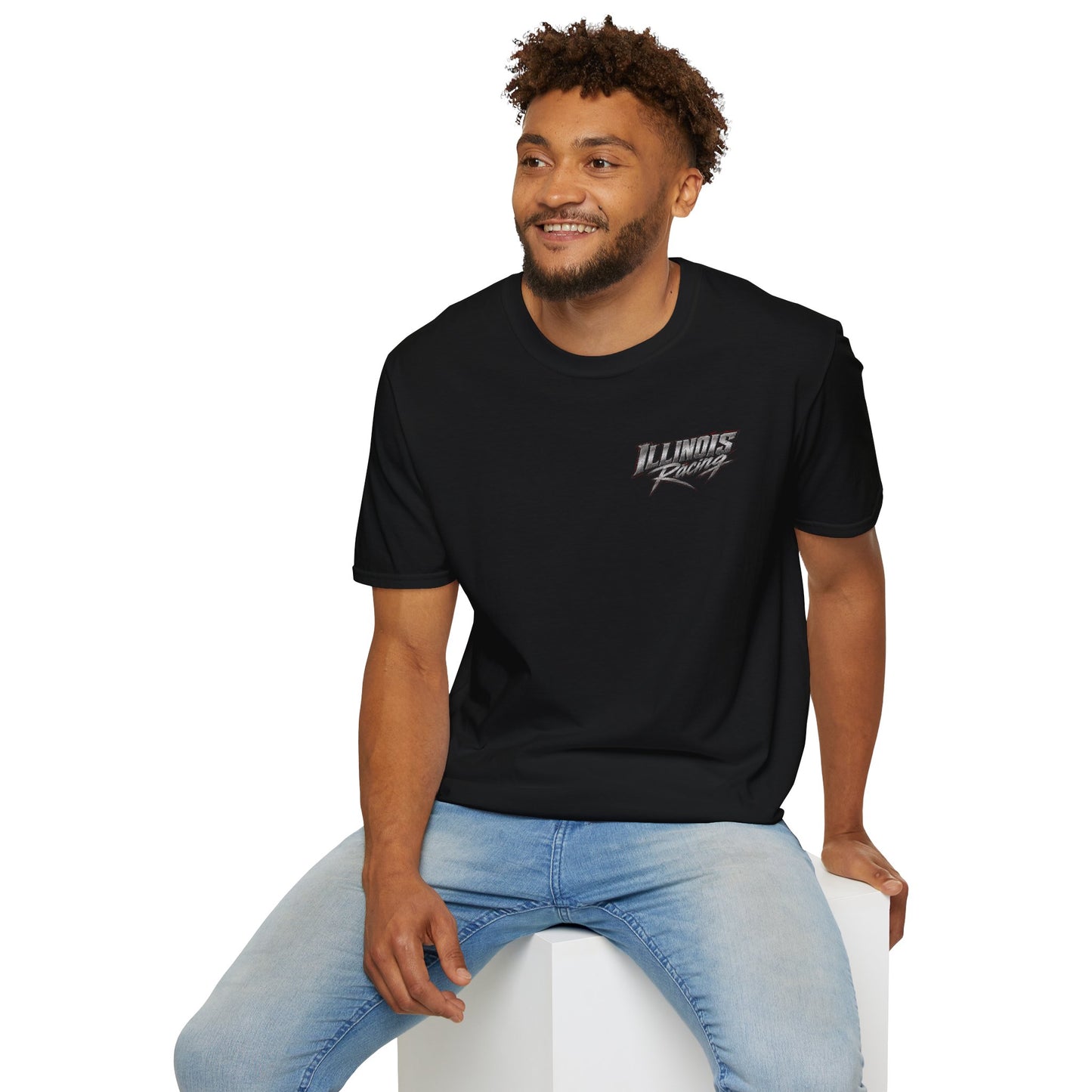 Man wearing a black t-shirt with a small graphic on a white background