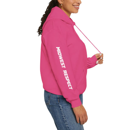 Person wearing a dark pink hoodie with 'Midwest Respect' text on a white background