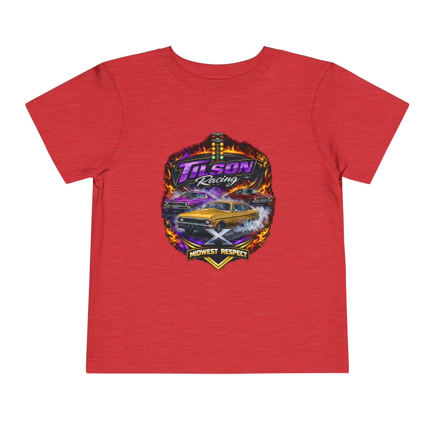 Red t-shirt with a graphic design featuring a car and text on a white background